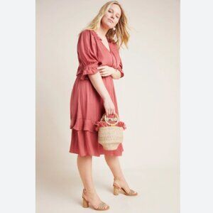Anthropologie Dolan Left Coast Dress Rosa Coral Ruffled Midi Size 1X